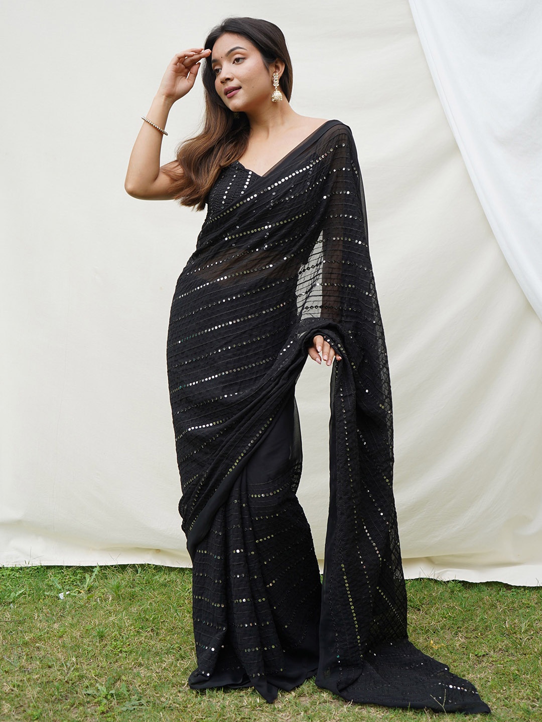 

Mitera Embellished Sequinned Saree, Black