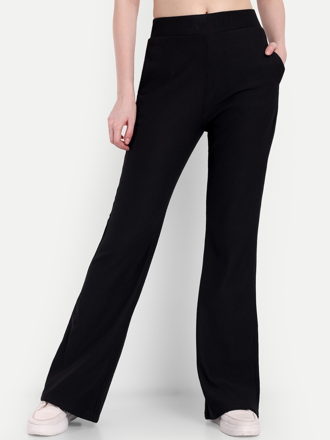 

BROADSTAR Women High-Rise Stretchable Flared Bootcut Corduroy Trousers, Black