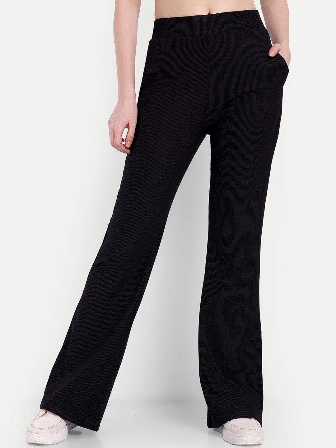 

BROADSTAR Women High-Rise Stretchable Flared Bootcut Corduroy Trousers, Black