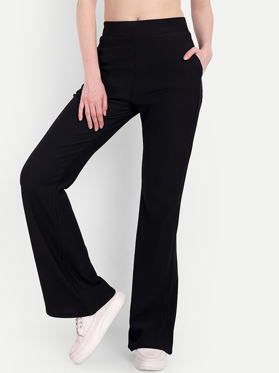 

Next One Women High-Rise Stretchable Flared Bootcut Corduroy Trousers, Black