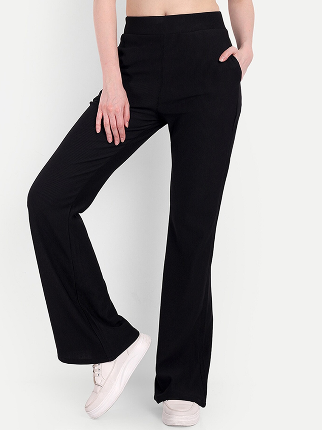 

Next One Women High-Rise Stretchable Flared Bootcut Corduroy Trousers, Black