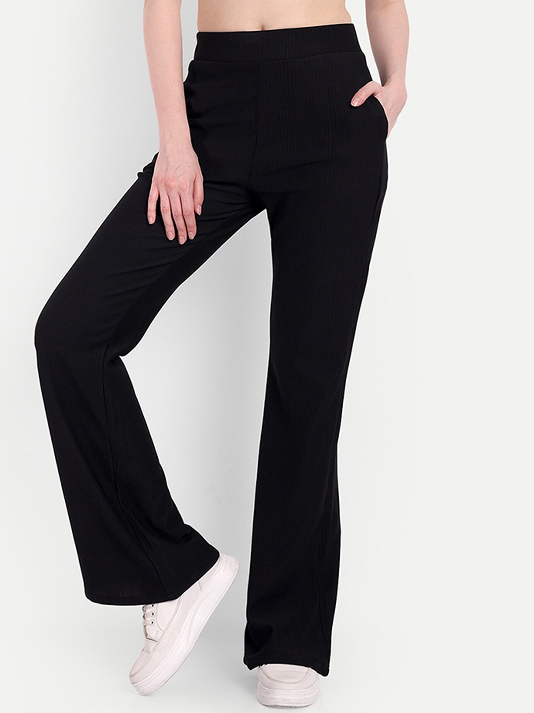 

Next One Women High-Rise Stretchable Flared Bootcut Corduroy Trousers, Black