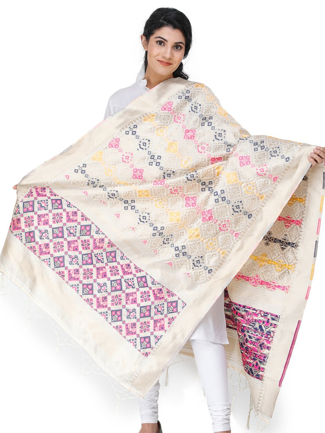 

Exotic India Cream Brocade Art Silk Dupatta with Multi-Color Thread Weave