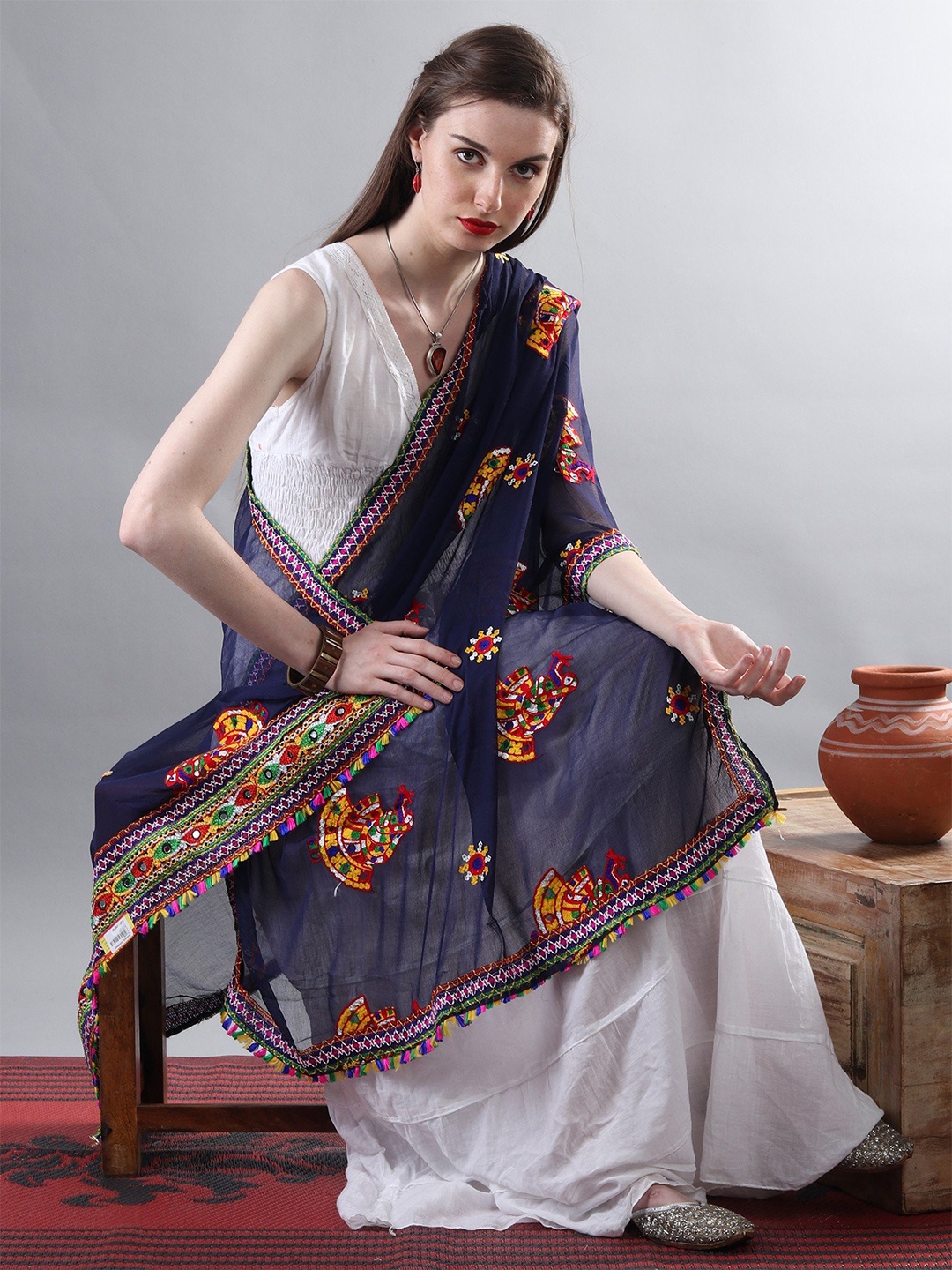 

Exotic India Ethnic Motifs Embroidered Georgette Dupatta with Phulkari, Navy blue
