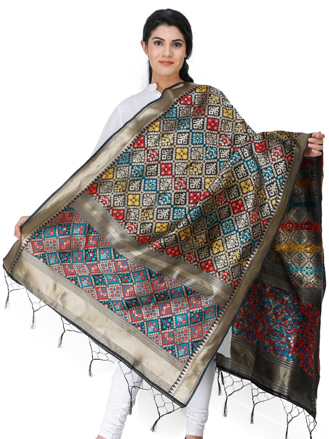 

Exotic India Jet Black Brocade Art Silk Dupatta with Multi-Color Thread Weave, Green