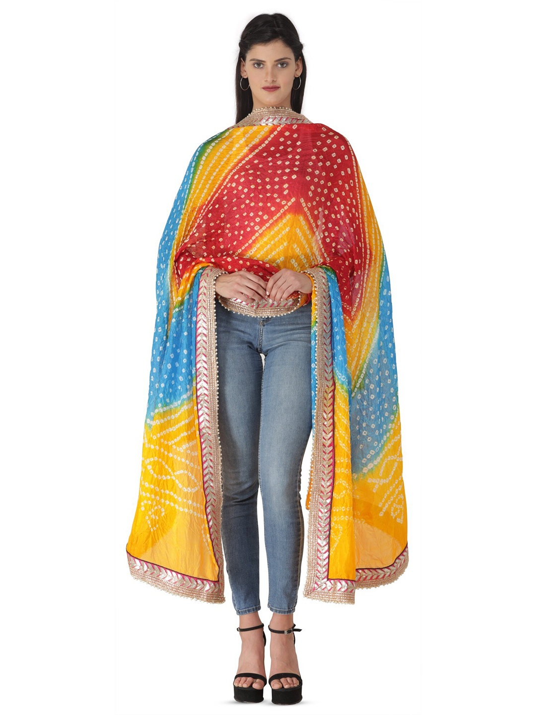 

Exotic India Multicolor Tie-Dye Bandhani Silk Dupatta with Zari Patch Border & Beadwork, Yellow