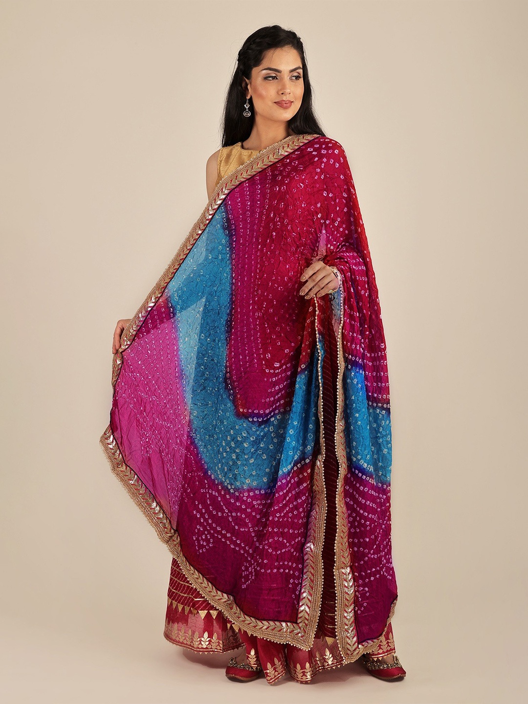 

Exotic India Multicolor Tie-Dye Bandhani Silk Dupatta with Zari Patch Border & Beadwork, Pink