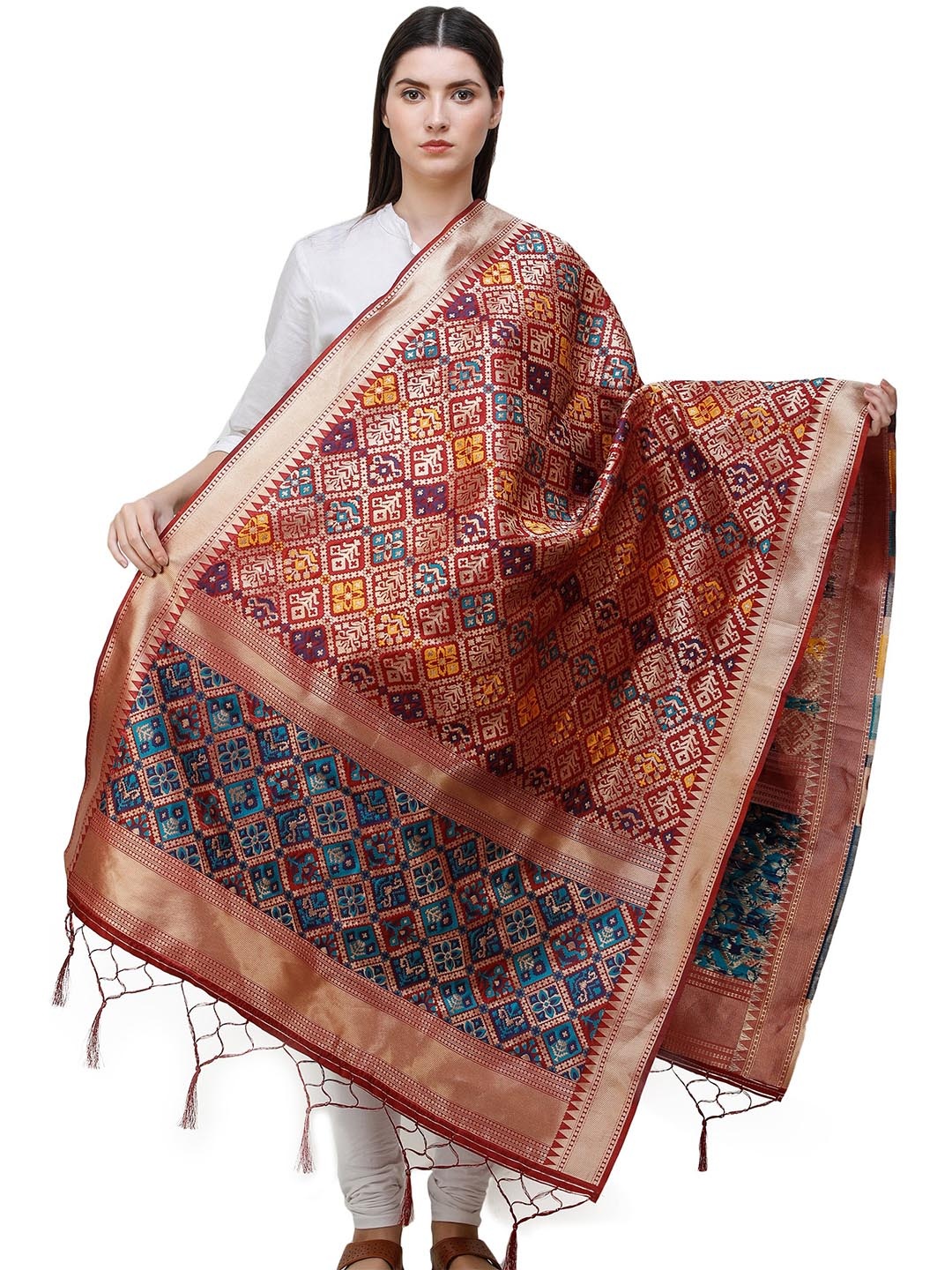 

Exotic India Bittersweet Brocade Art Silk Dupatta with Multi-Color Thread Weave, Maroon