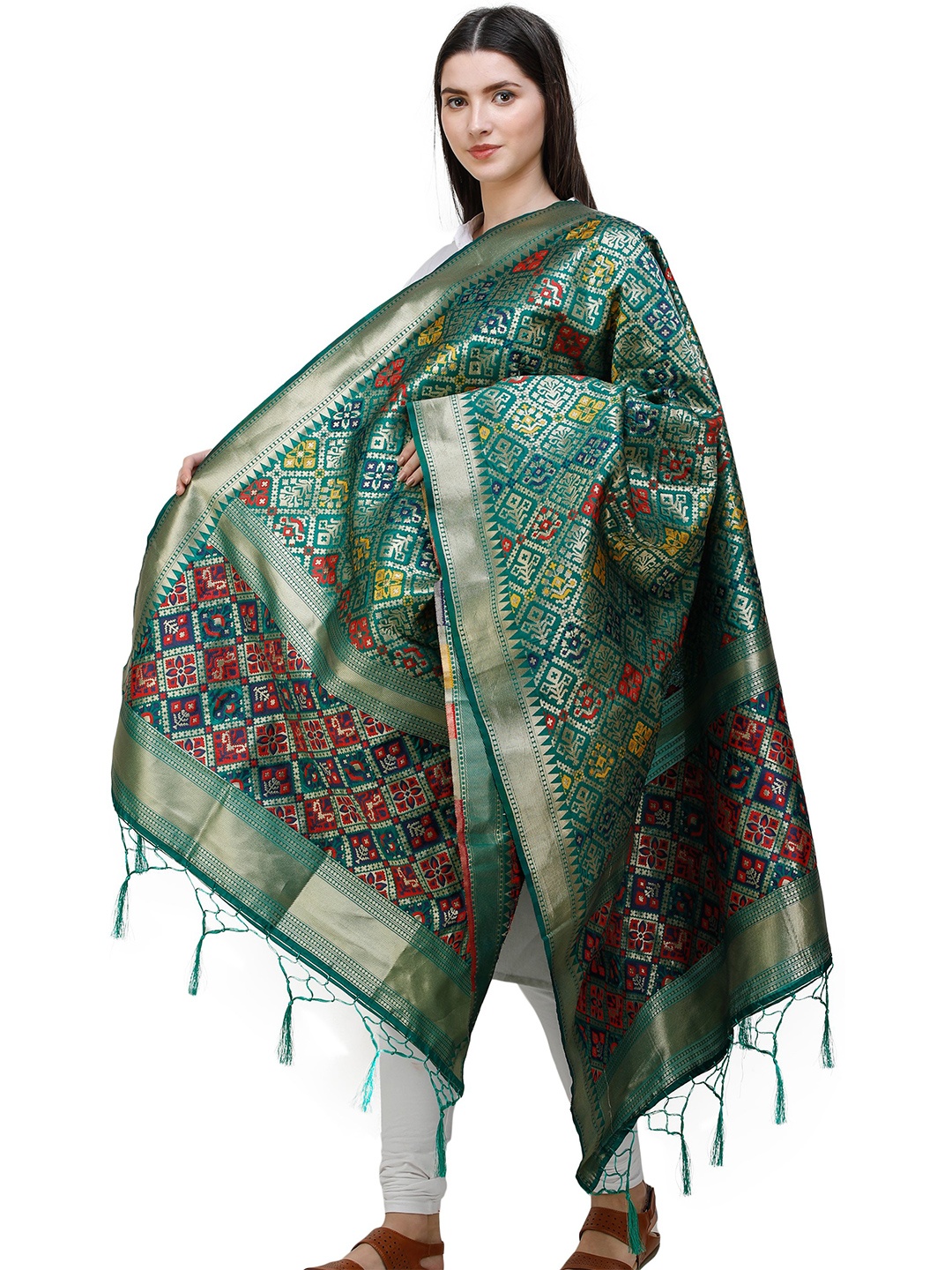 

Exotic India Juniper Green Brocade Art Silk Dupatta with Multi-Color Thread Weave