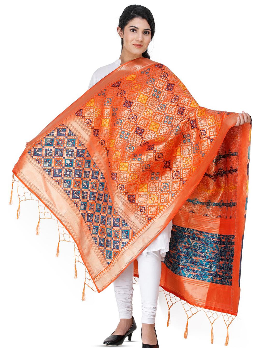 

Exotic India Red Orange Brocade Art Silk Dupatta with Multi-Color Thread Weave
