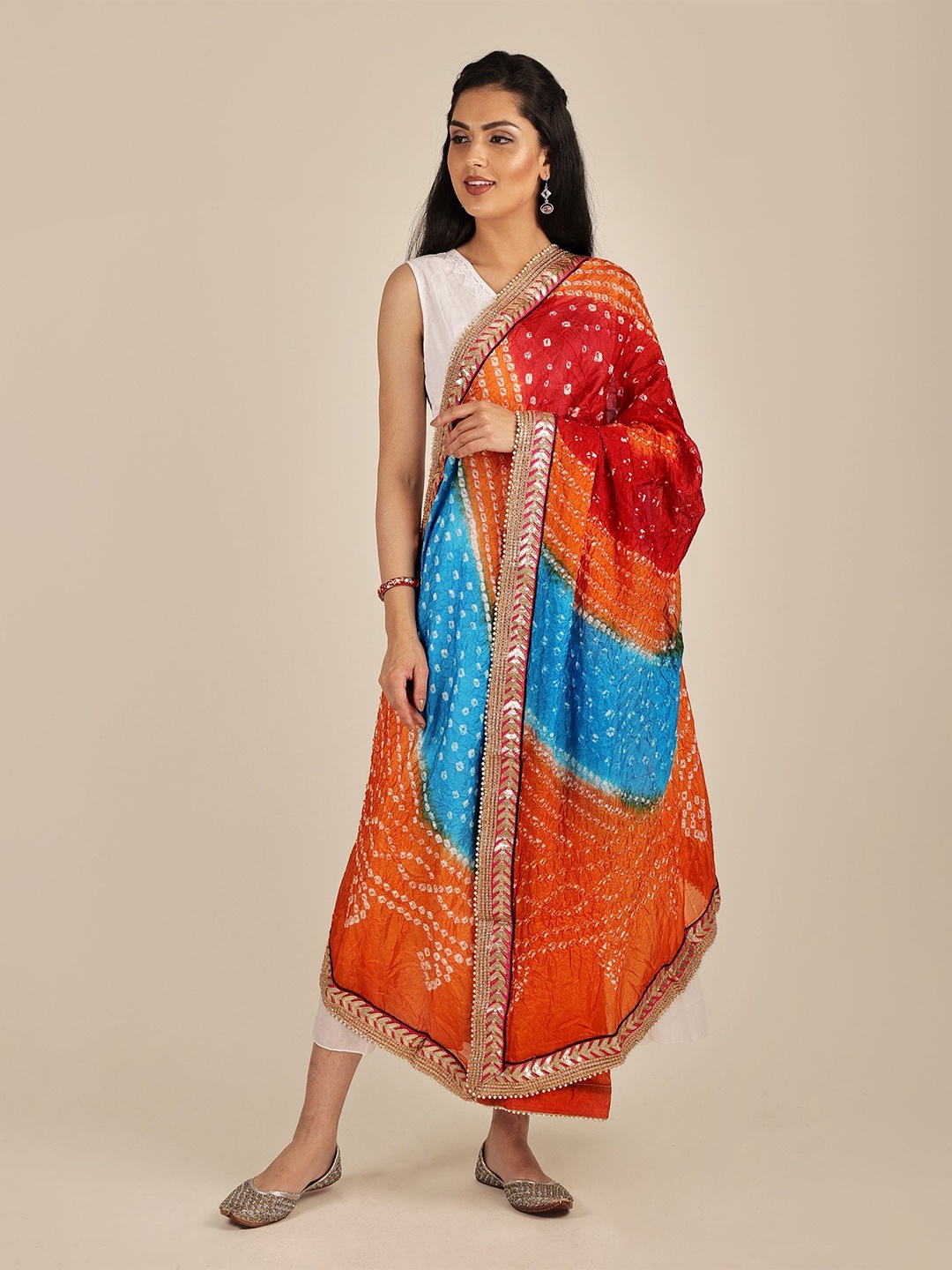 

Exotic India Multicolor Tie-Dye Bandhani Silk Dupatta with Zari Patch Border & Beadwork, Orange