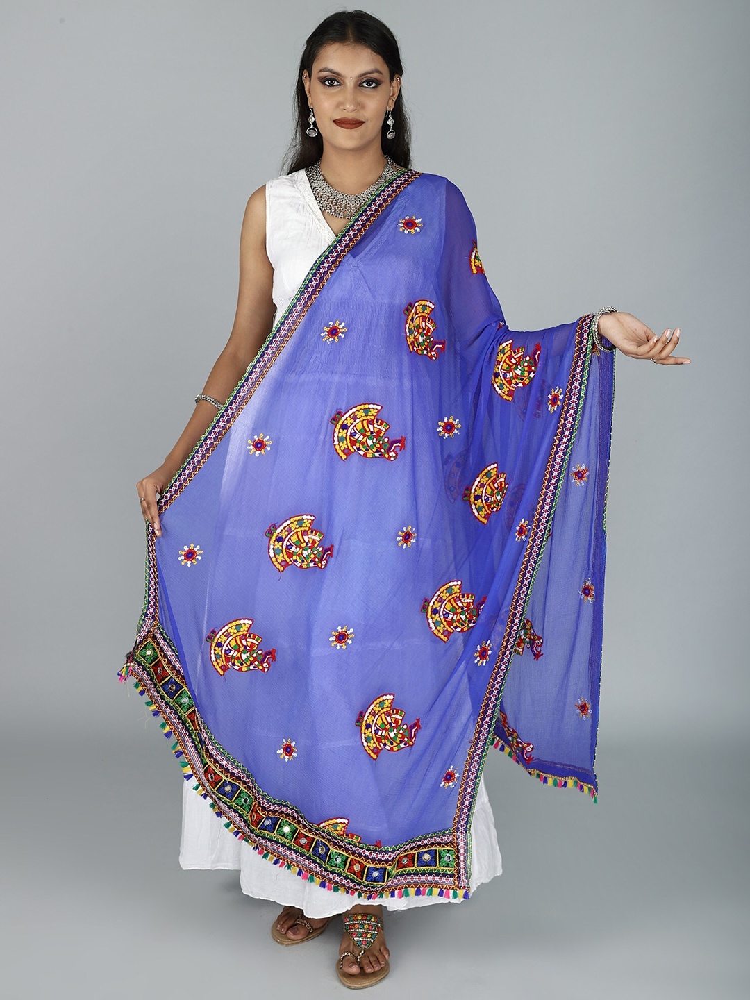 

Exotic India Blue Sequin Embroidered Dandiya Motif Phulkari Dupatta and Saori Lace Border