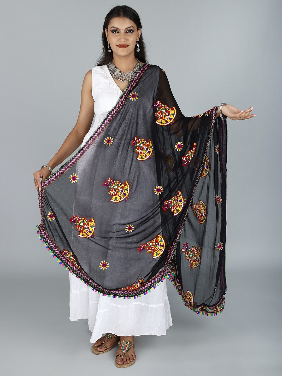 

Exotic India Printed Georgette Dupatta with Phulkari, Black