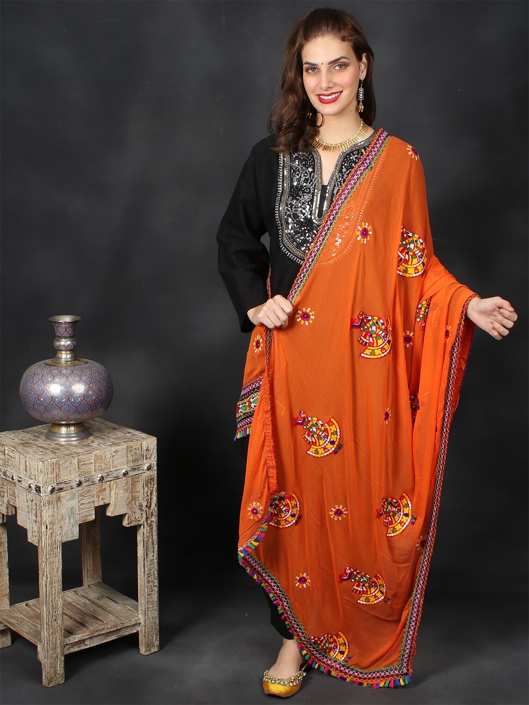 

Exotic India Ethnic Motifs Embroidered Georgette Dupatta with Phulkari, Orange