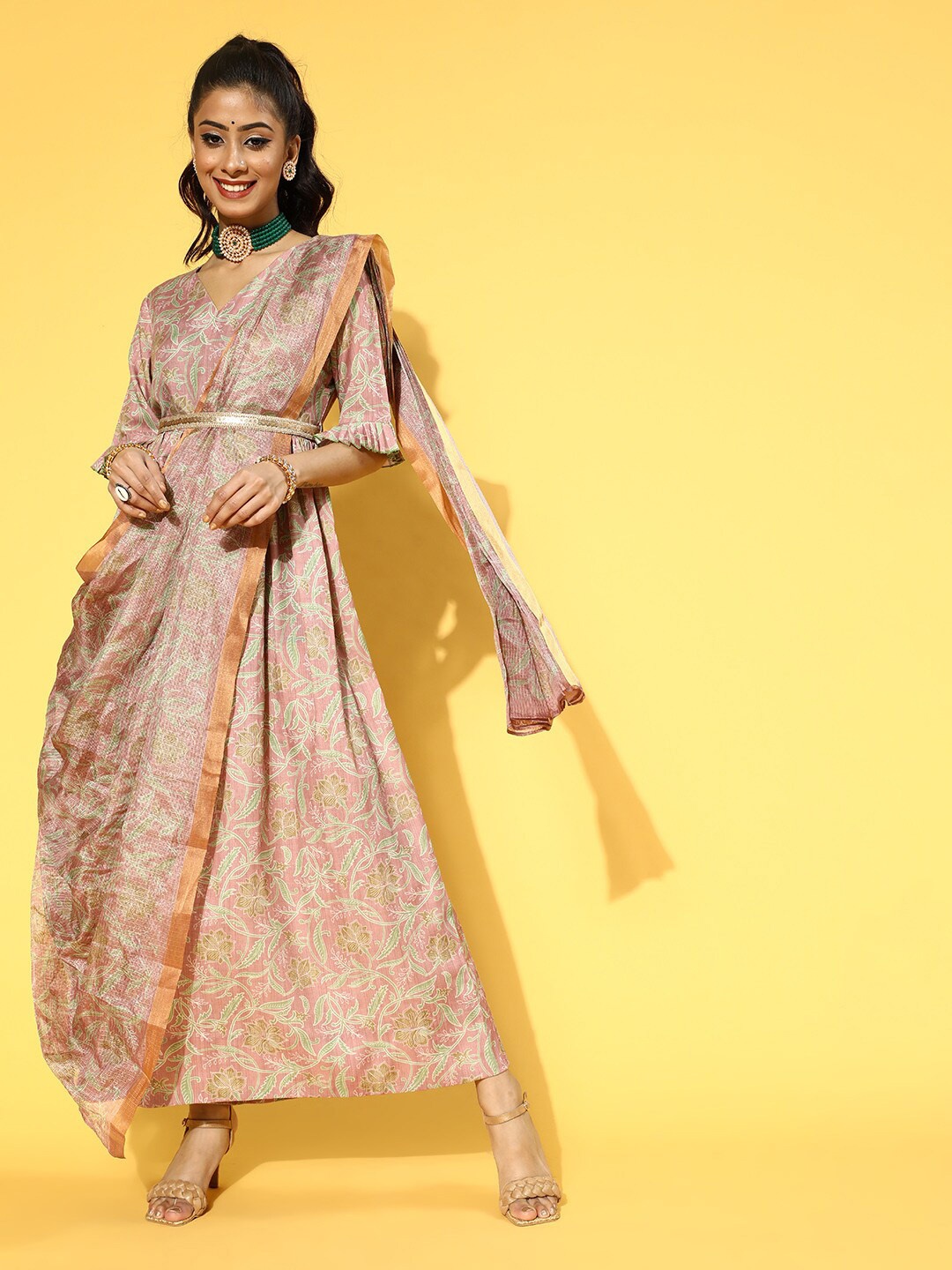 

KALINI Floral Printed Maxi Dress With Dupatta, Peach