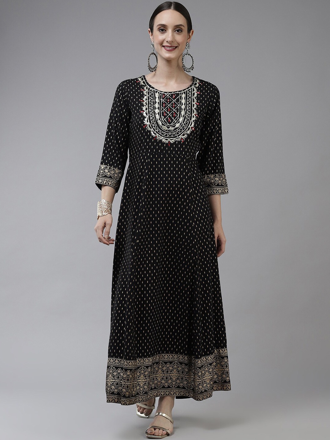 

KALINI Ethnic Motifs Printed Maxi Dress, Black