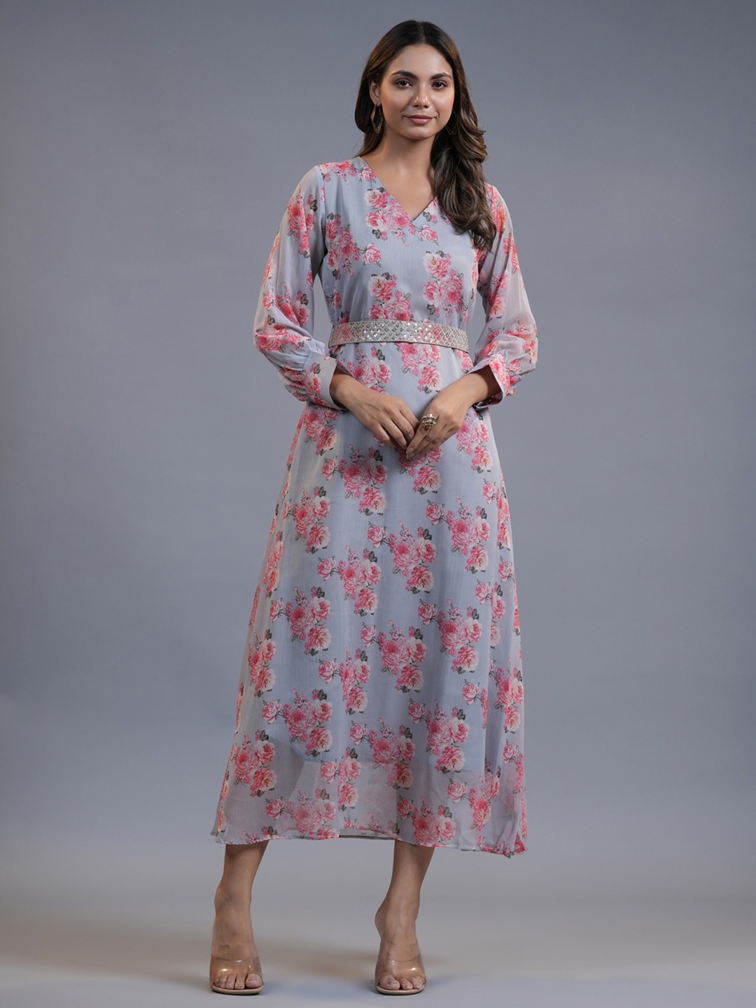 

KALINI Floral Printed Puff Sleeves Cotton Fit & Flare Midi Dress, Grey