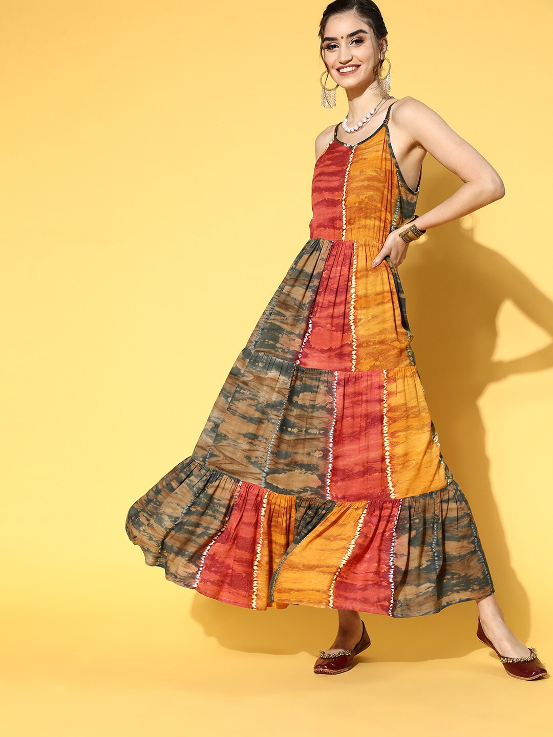 

KALINI Abstract Printed Shoulder Straps Maxi Dress, Mustard