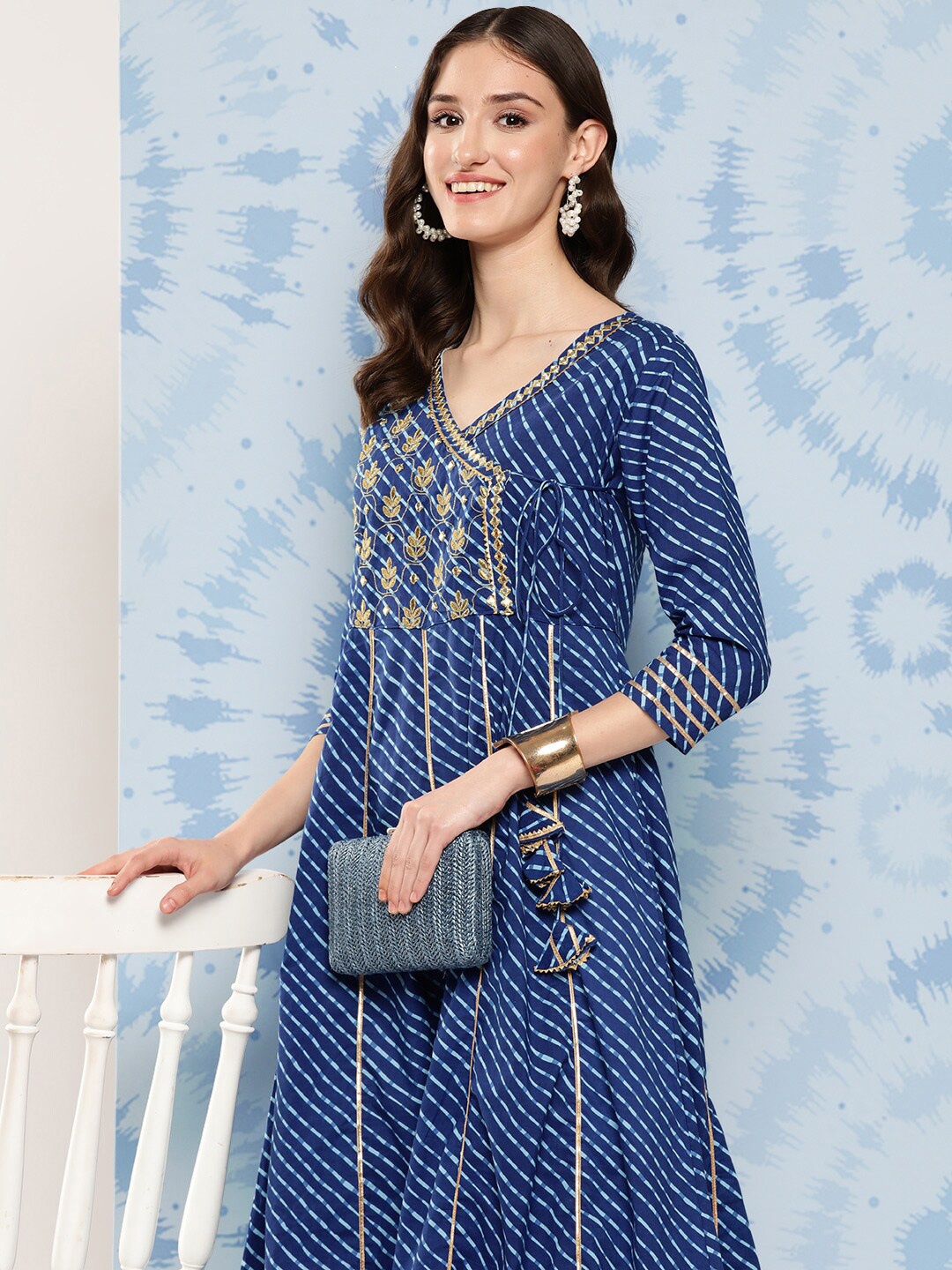 

KALINI Striped Cotton Maxi Angrakha Dress, Blue