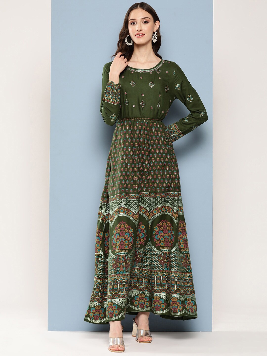 

KALINI Ethnic Motifs Printed Cotton Maxi Dress, Green