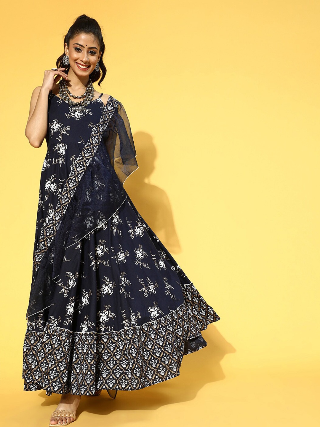 

KALINI Ethnic Motifs Printed Round Neck Shoulder Straps Cotton Maxi Dress, Navy blue