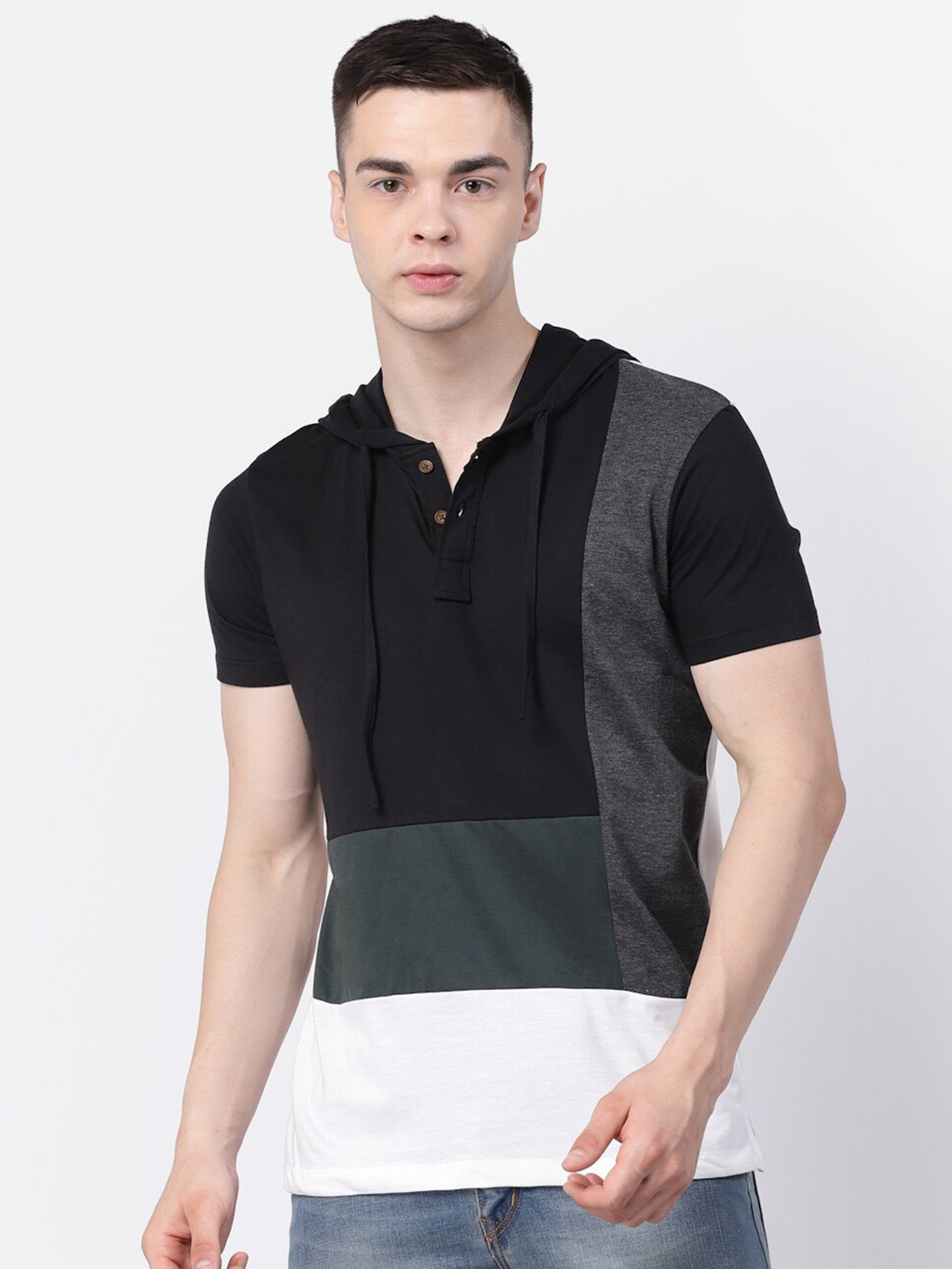 

Kalt Colourblocked Hooded T-shirt, Black