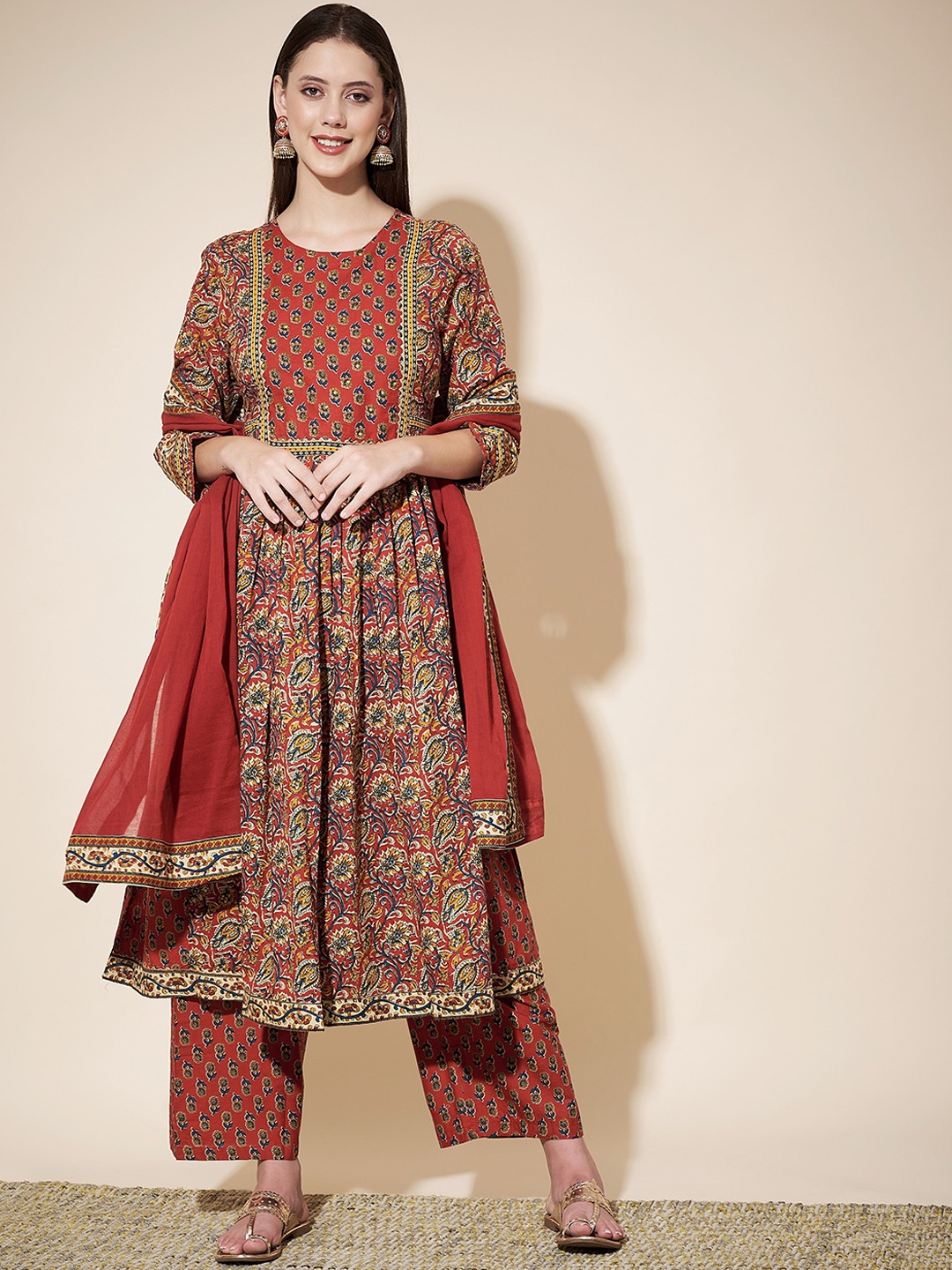 

Vbuyz Ethnic Motifs Printed Pleated Pure Cotton Kurta with Palazzos & With Dupatta, Red