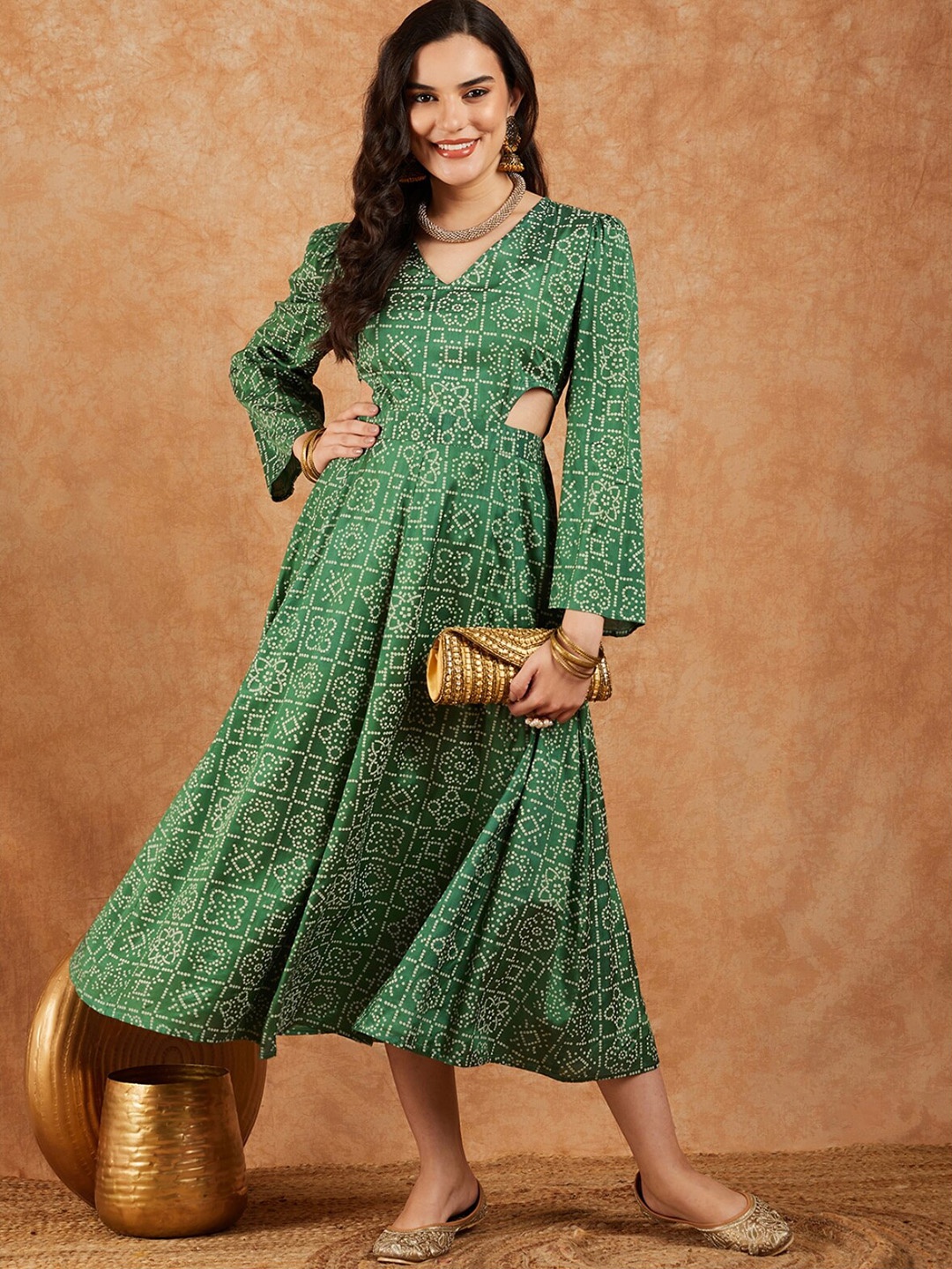

SHOOLIN Floral Printed V Neck Long Sleeves A-Line Midi Dress, Green