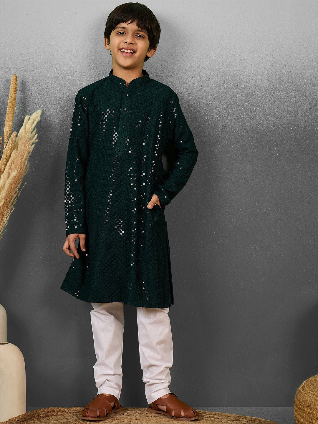 

YK Boys Regular Sequinned Kurta with Pyjama, Green