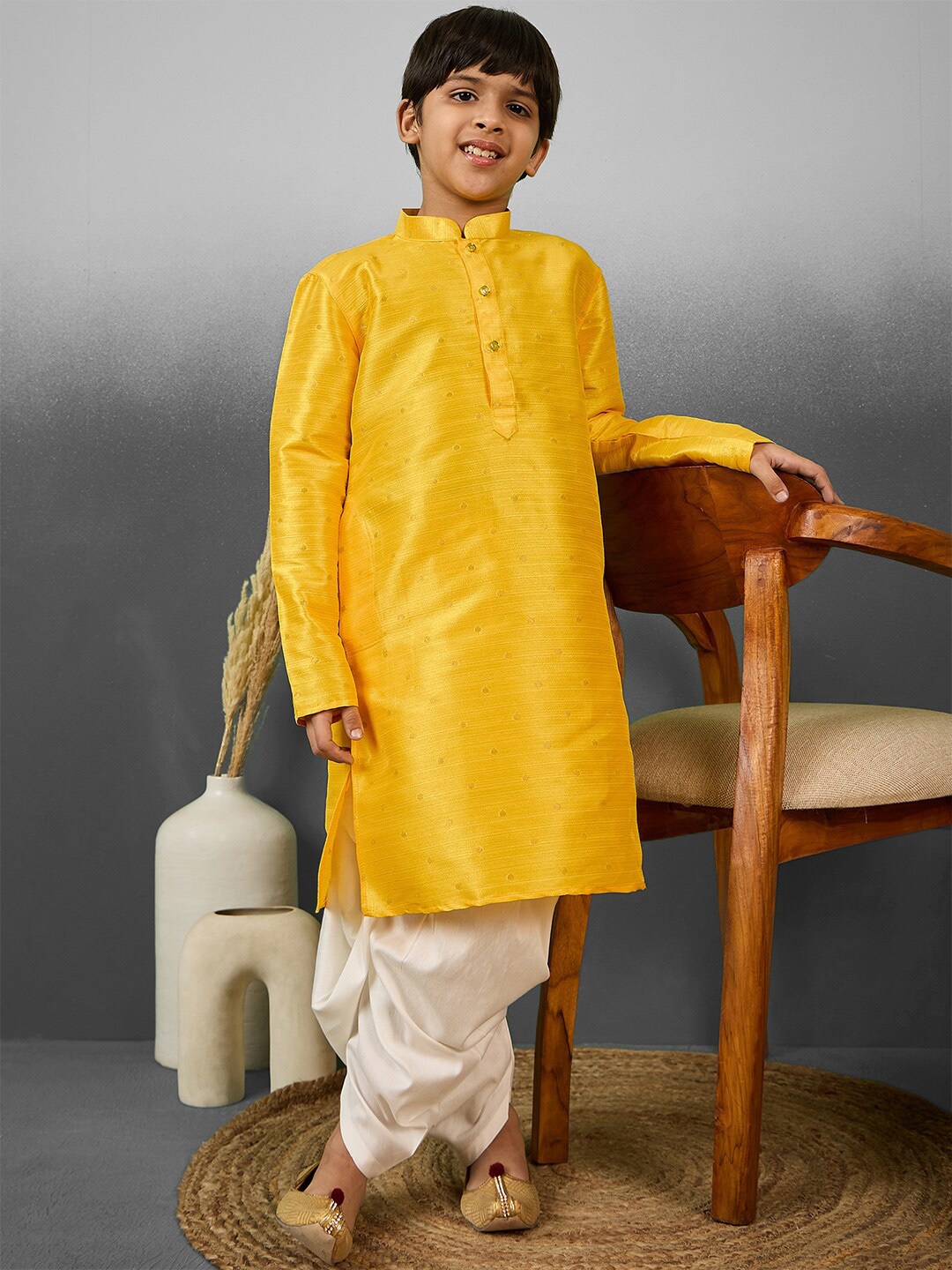 

YK Boys Geometric Woven Design Straight Kurta With Dhoti Pants, Yellow