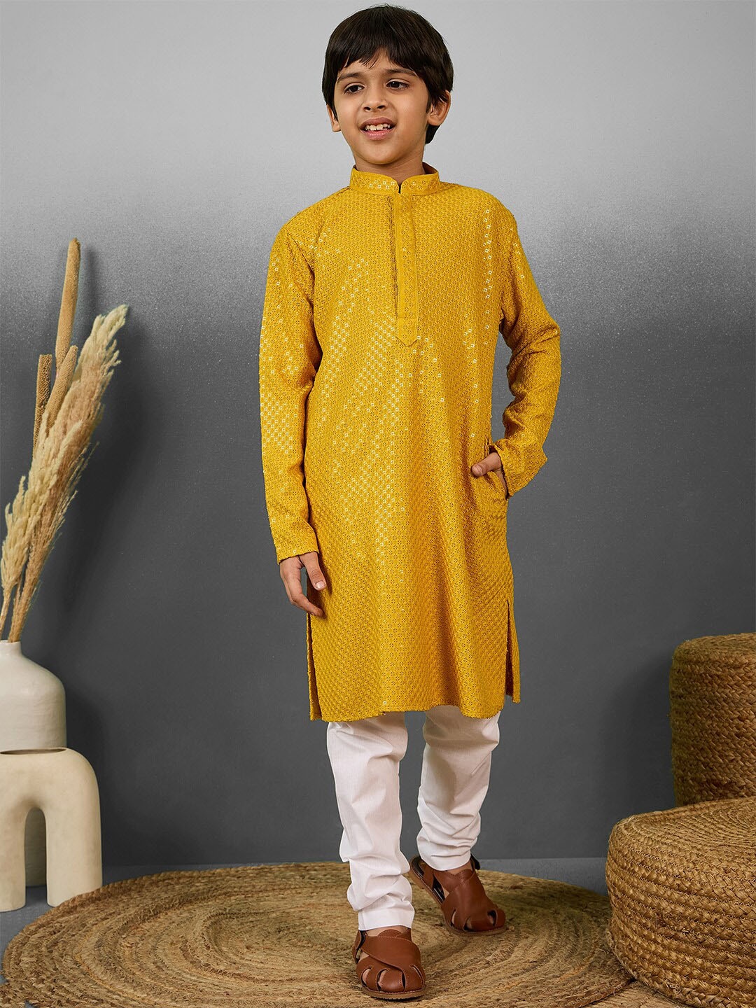 

YK Boys Regular Sequinned Kurta with Pyjama, Yellow