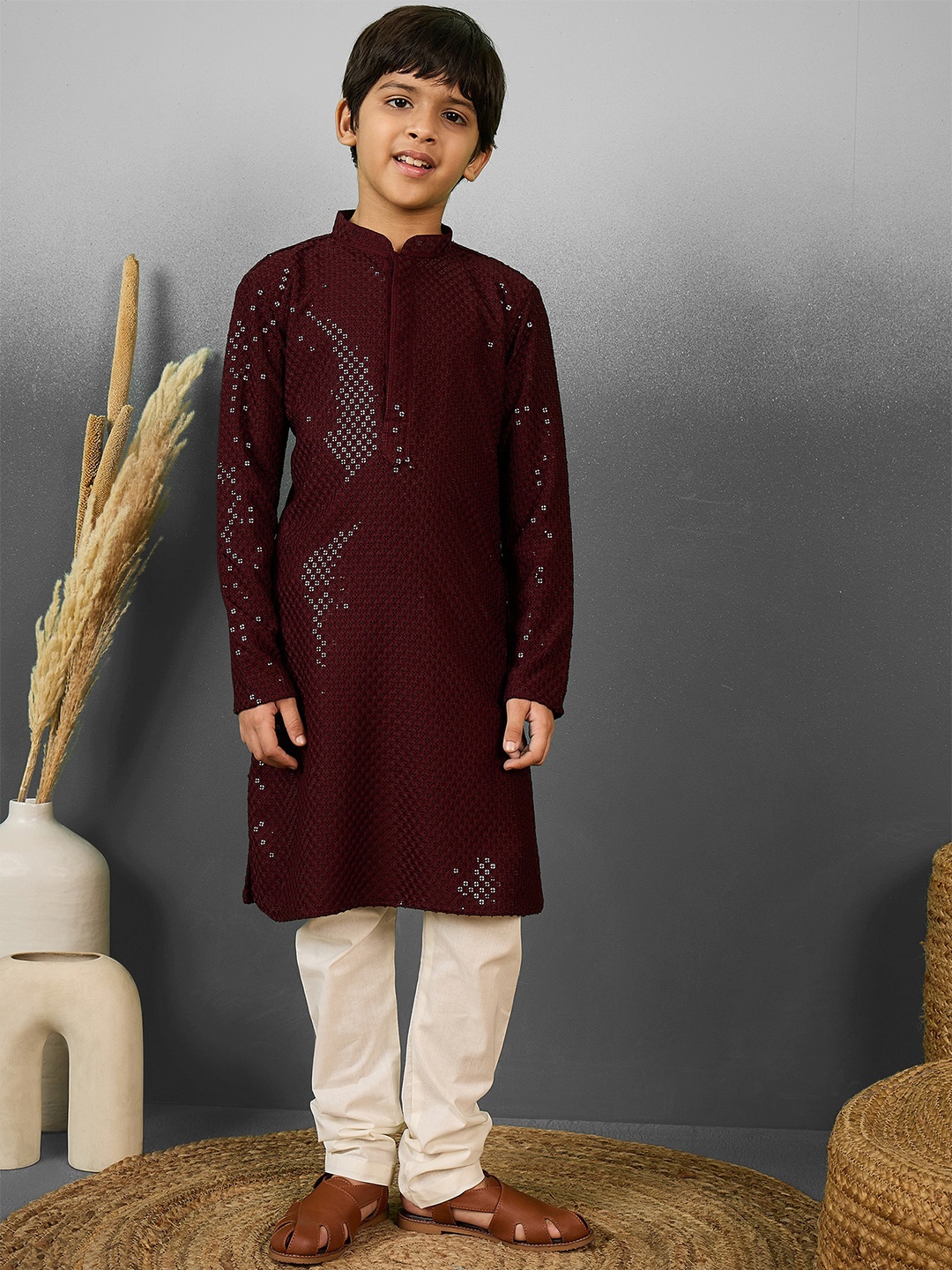 

YK Boys Regular Sequinned Kurta with Pyjama, Red