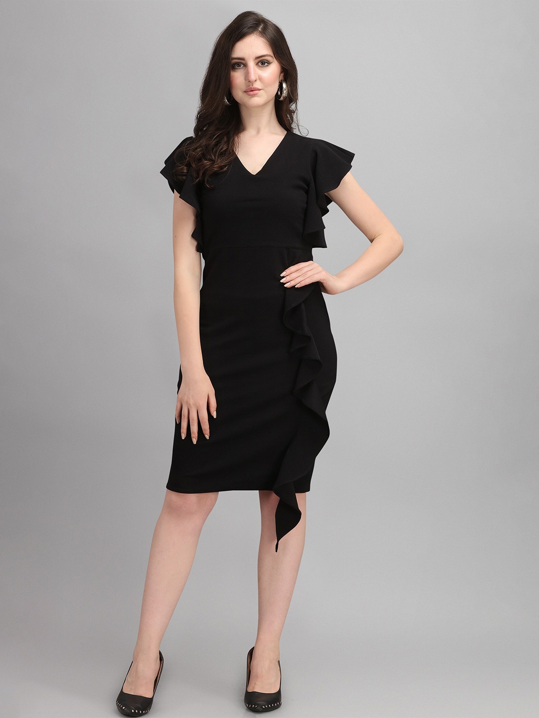 

Urban Komfort V-Neck Flutter Sleeve Sheath Dress, Black