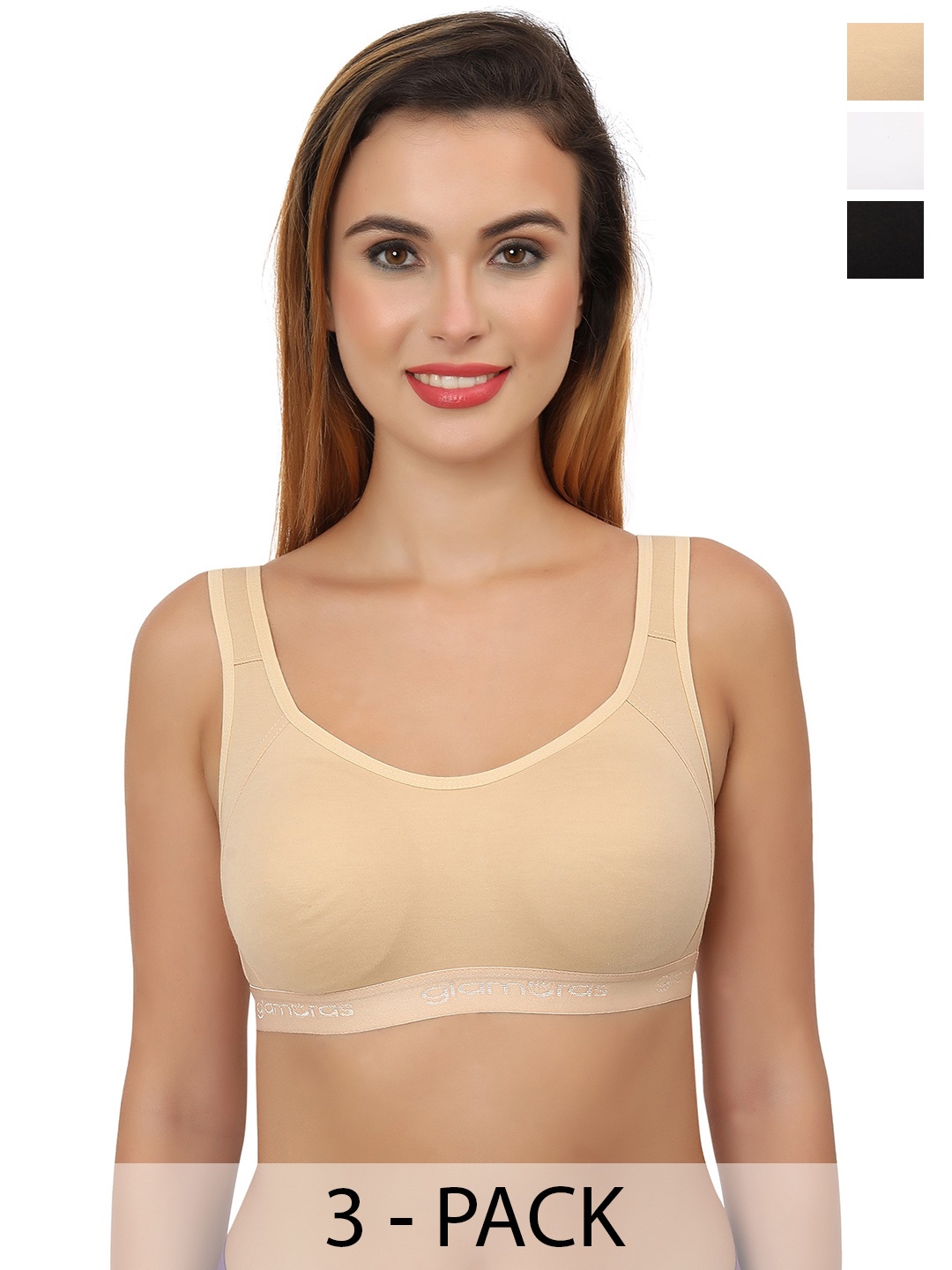 Glamoras Pack Of 3 Non Padded Full Coverage Workout Bras With All Day Comfort, Black
