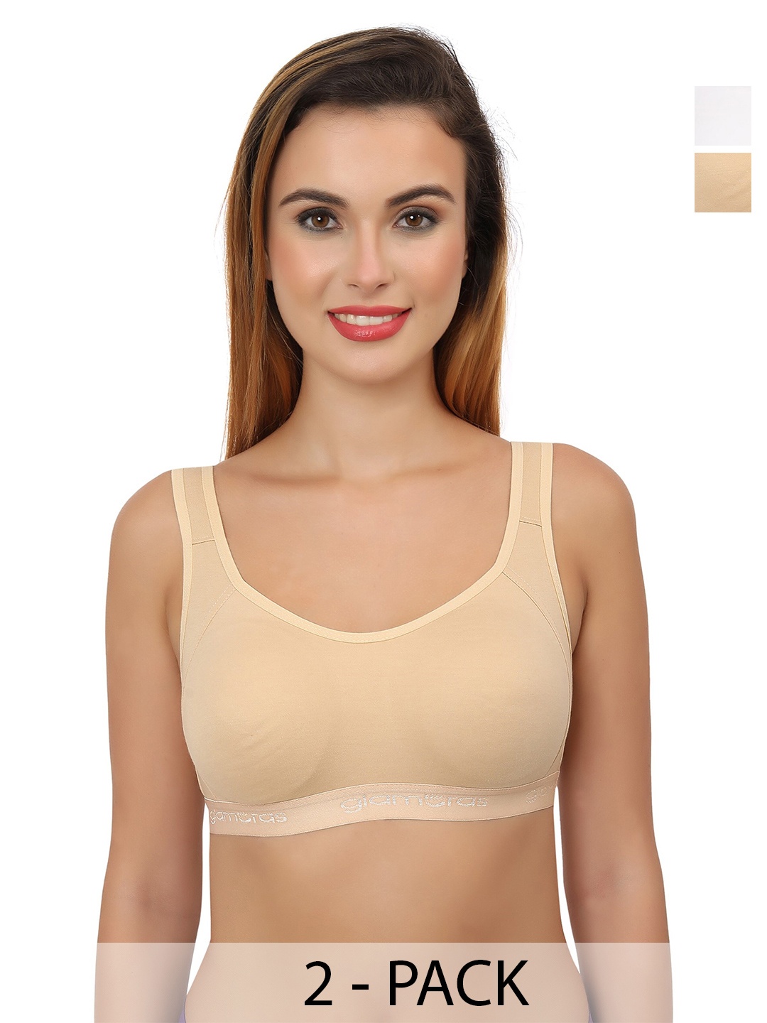 

Glamoras Pack of 2 Non Padded Sports Workout Bra - Full Coverage, White