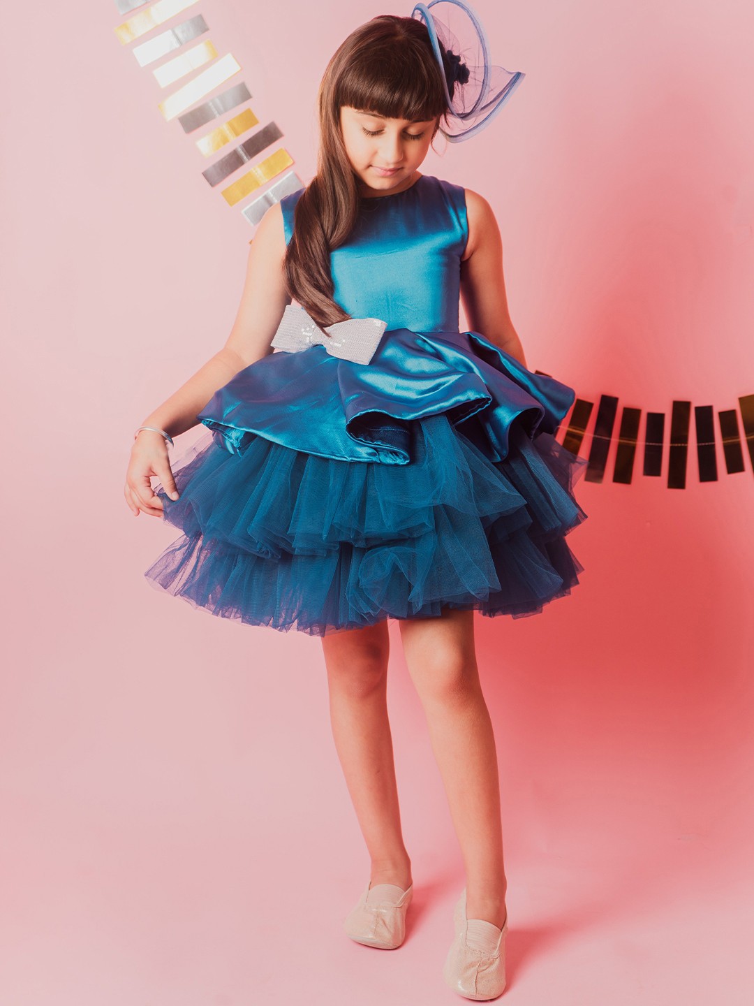 

Foreverkidz Girls Self Design Flared Satin Fit & Flare Dress, Turquoise blue