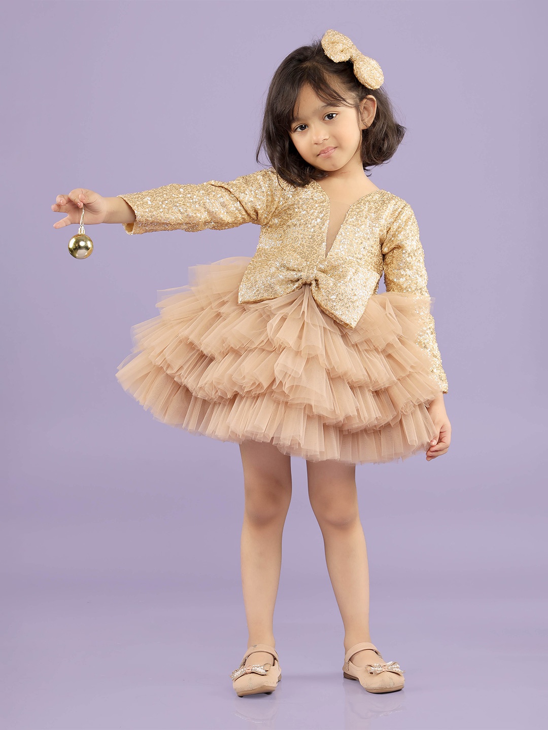 

Foreverkidz Girls Net Round Neck Fit & Flare Party Dress, Gold