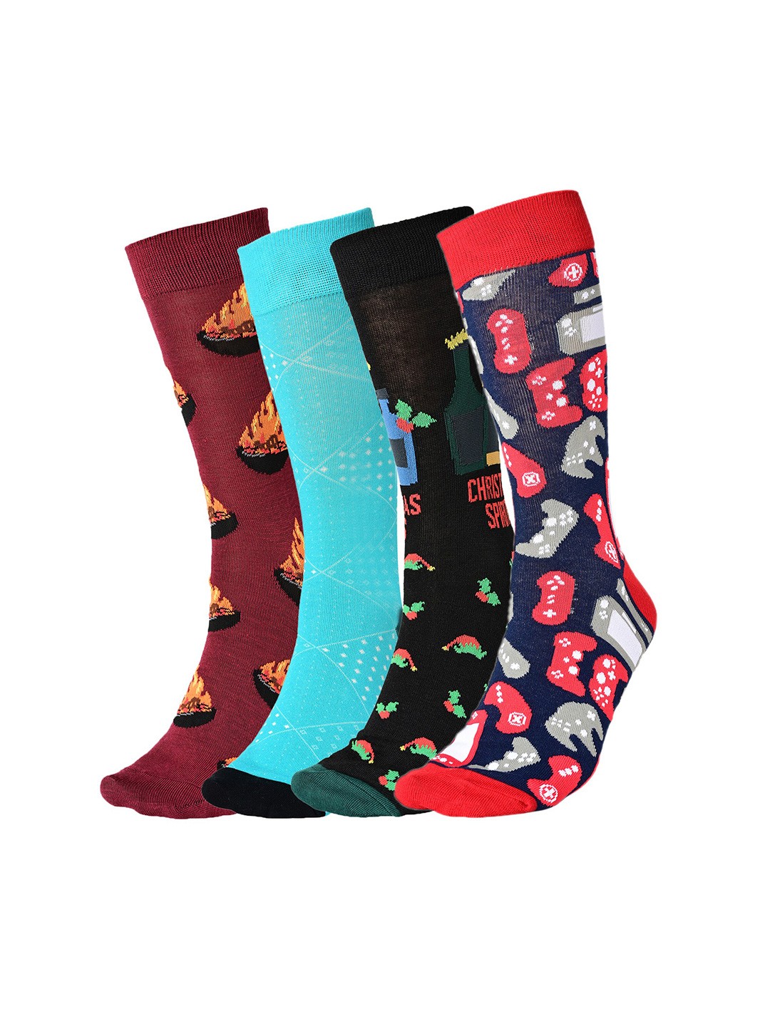 

BAESD Men Pack Of 4 Printed Calf Length Socks, Red