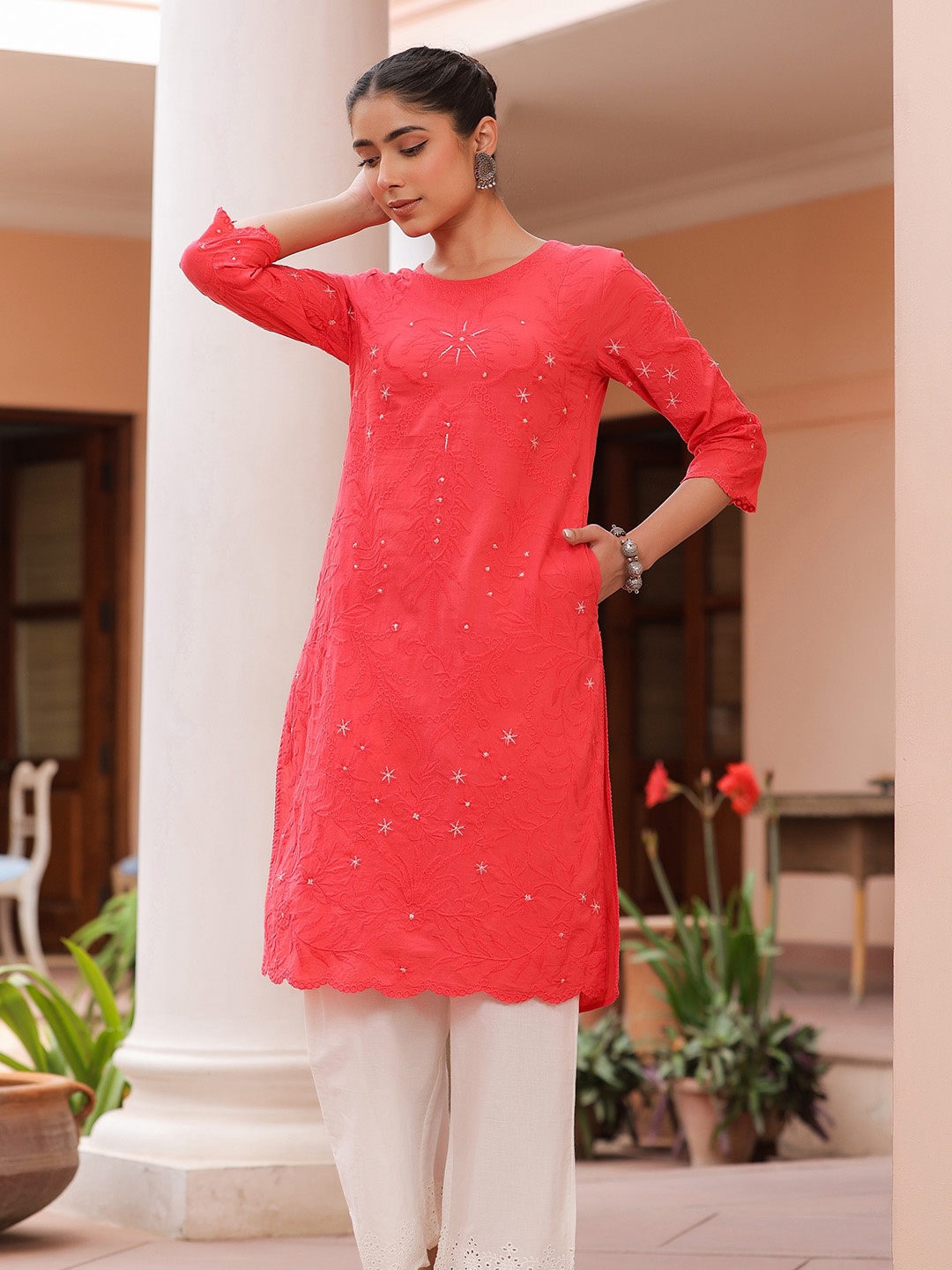 

SAVI Floral Embroidered Pure Cotton Straight Kurta, Red