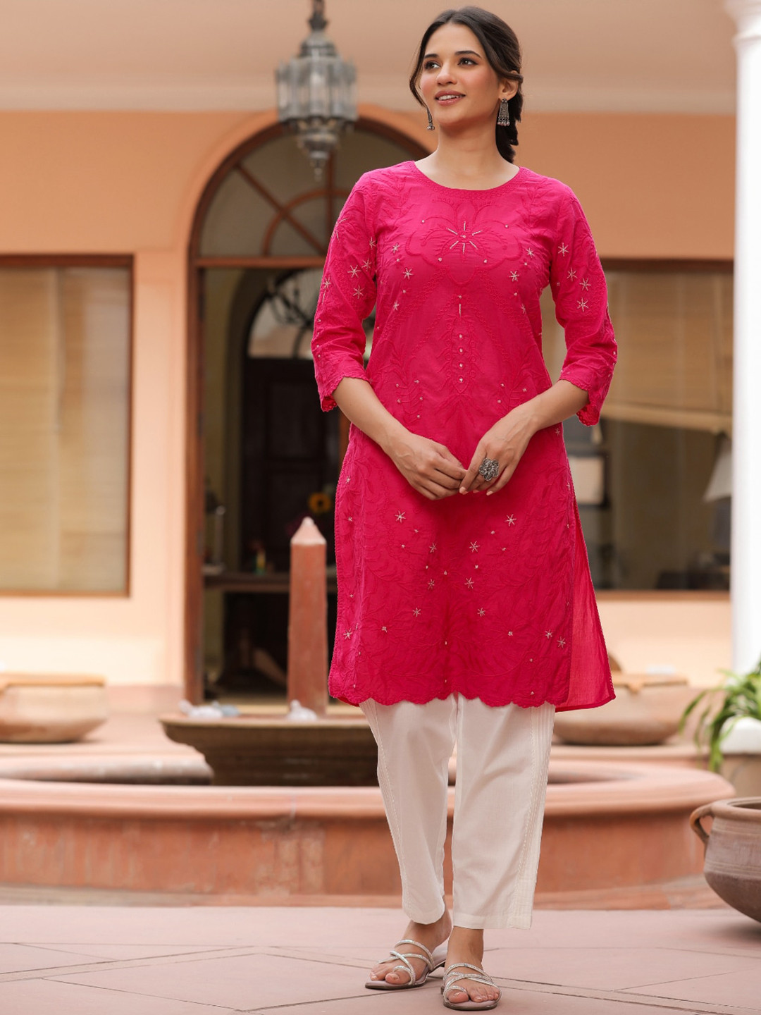 

SAVI Floral Embroidered Pure Cotton Straight Kurta, Pink