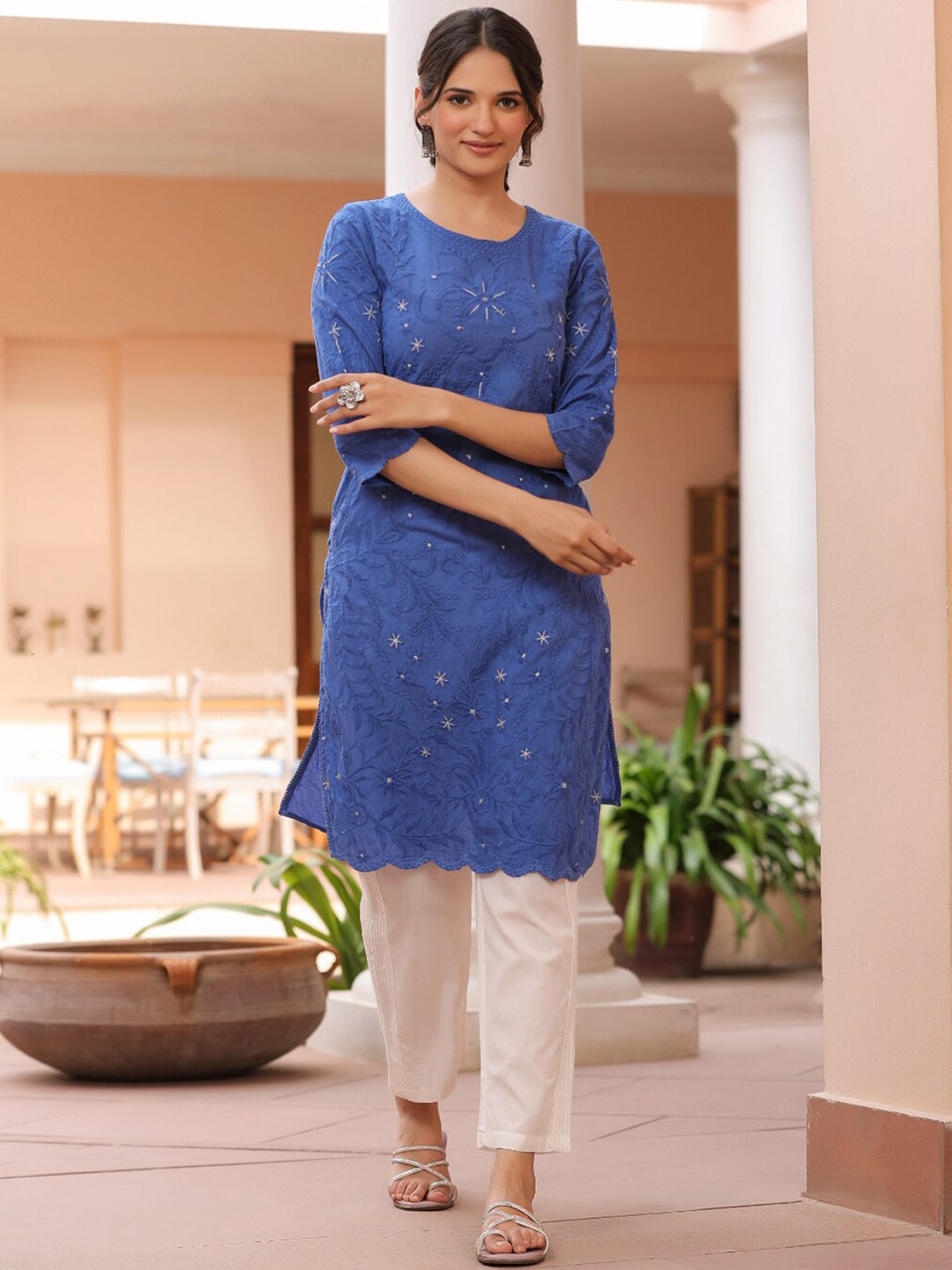 

SAVI Floral Embroidered Pure Cotton Straight Kurta, Blue