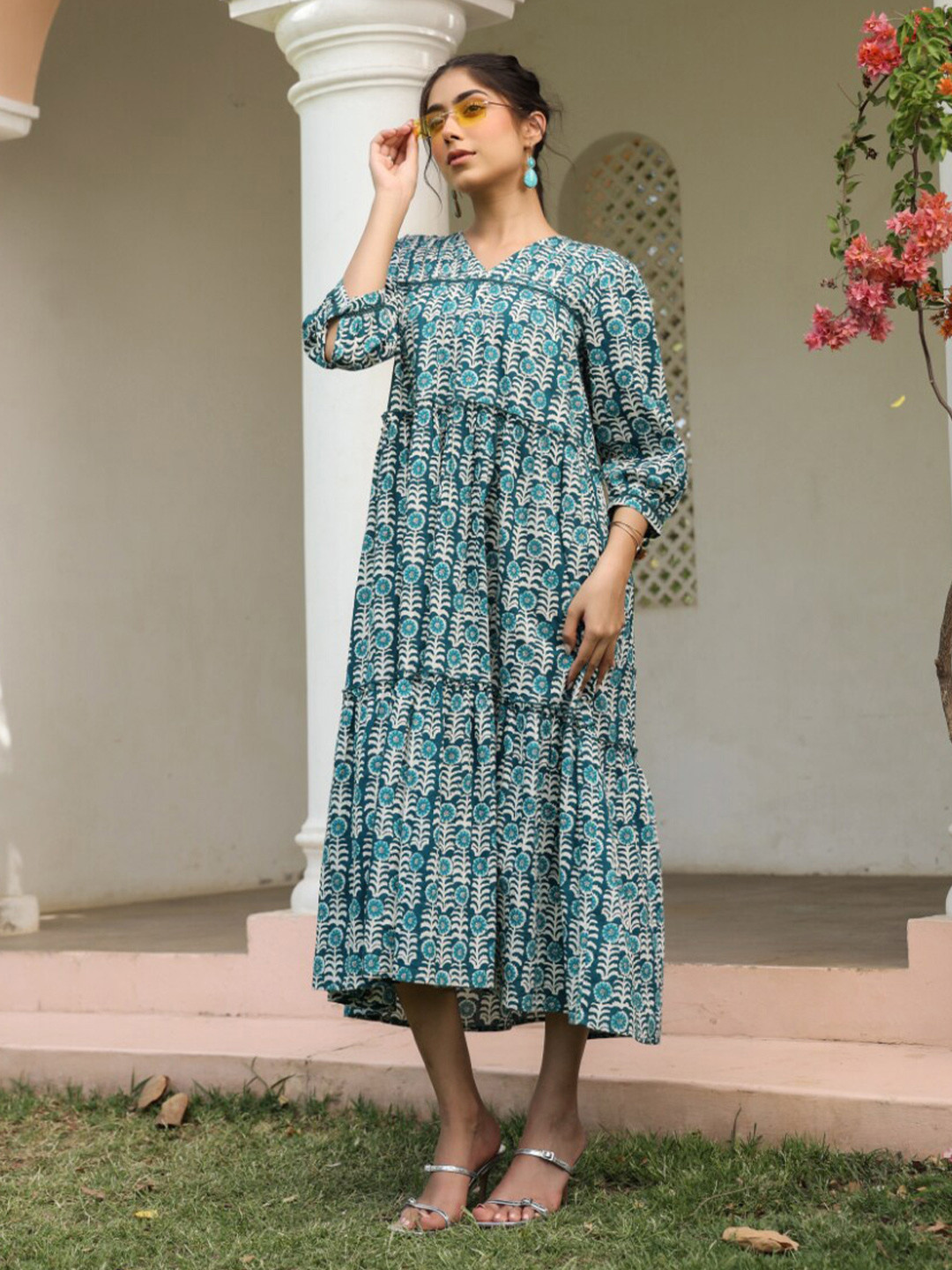 

SAVI Floral Printed Pure Cotton Puff Sleeve A-Line Midi Dress, Blue