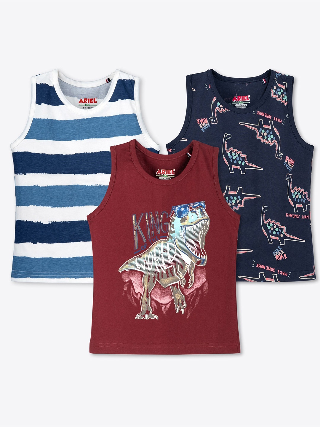 

ariel Boys Pack Of 3 Printed Round Neck Sleeveless Pure Cotton Regular T-shirt, Navy blue