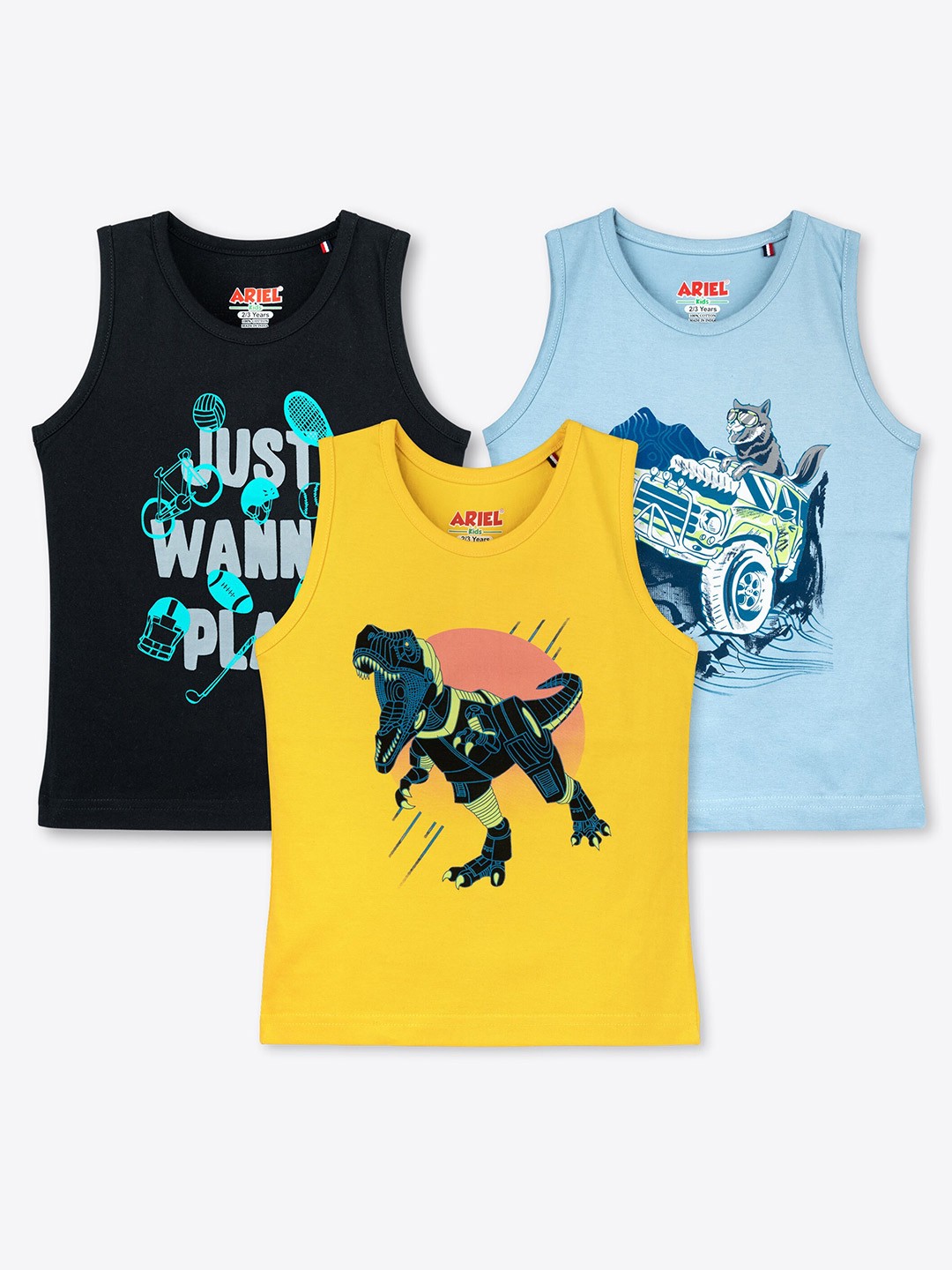 

ariel Boys Pack Of 3 Printed Round Neck Sleeveless Pure Cotton Regular T-shirt, Blue