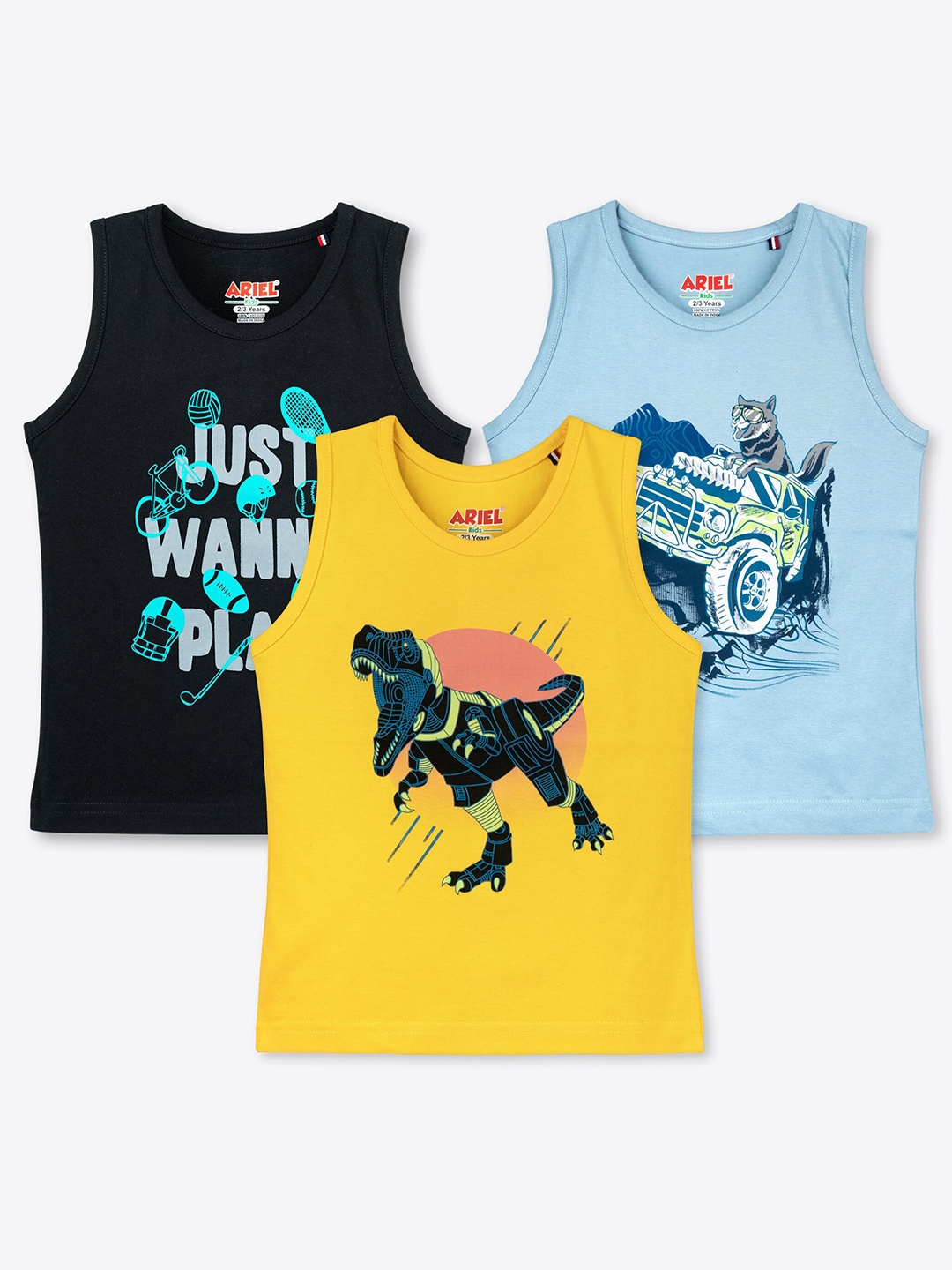 

ariel Boys Pack Of 3 Printed Round Neck Sleeveless Pure Cotton Regular T-shirt, Blue