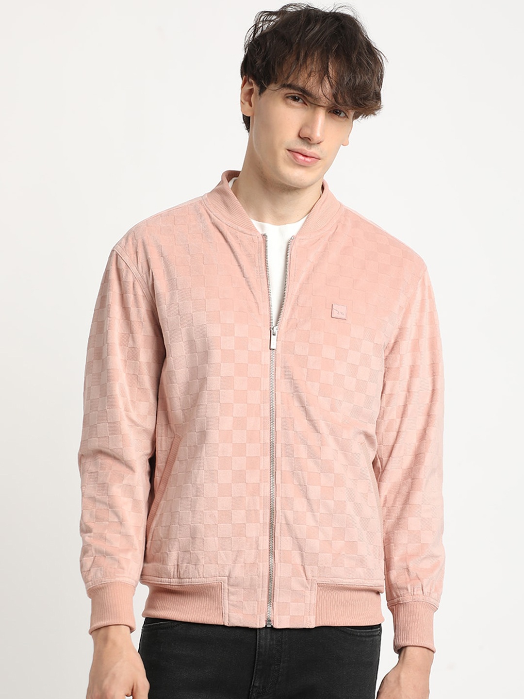 

THE BEAR HOUSE Self Design Stand Collar Windcheater Bomber Jacket, Pink