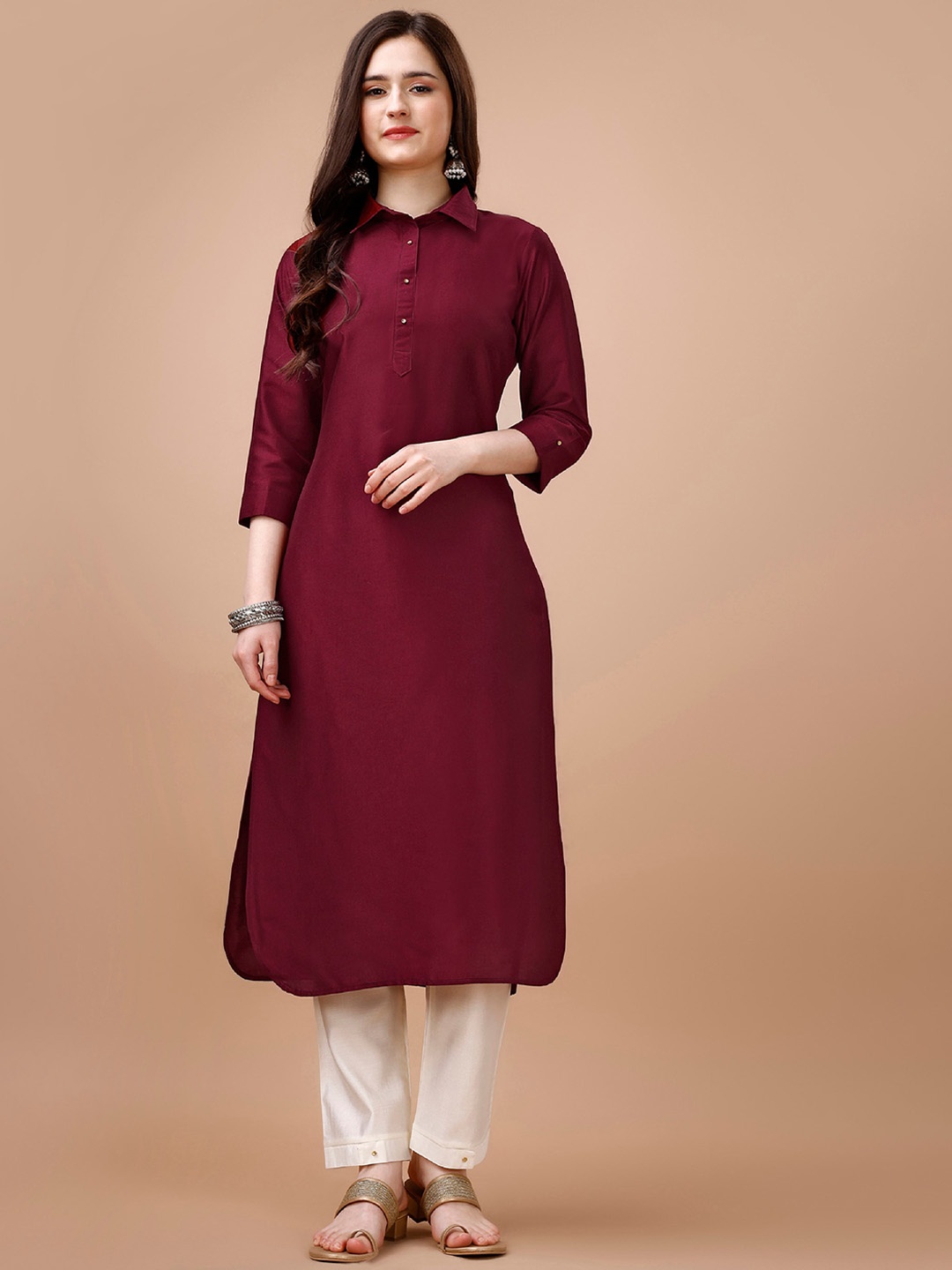 

MOJILAA Shirt Collar Pathani Straight Kurta, Maroon