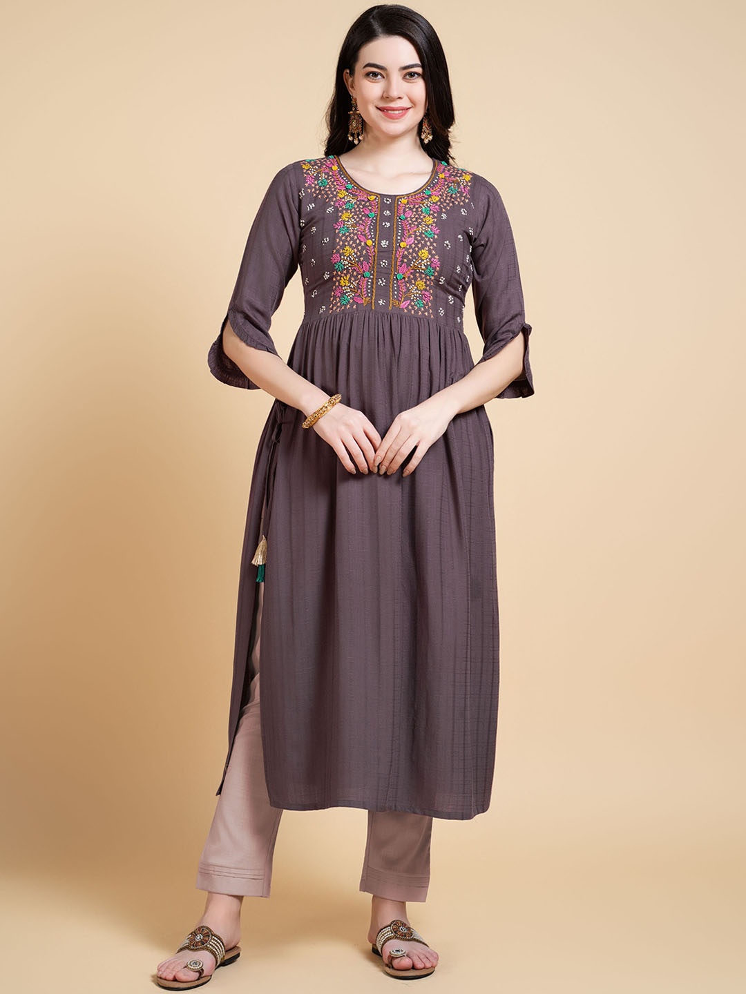 

MOJILAA Women Rayon Kantha Work Calf Length Festive A-line Nyra-cut Kurta, Taupe