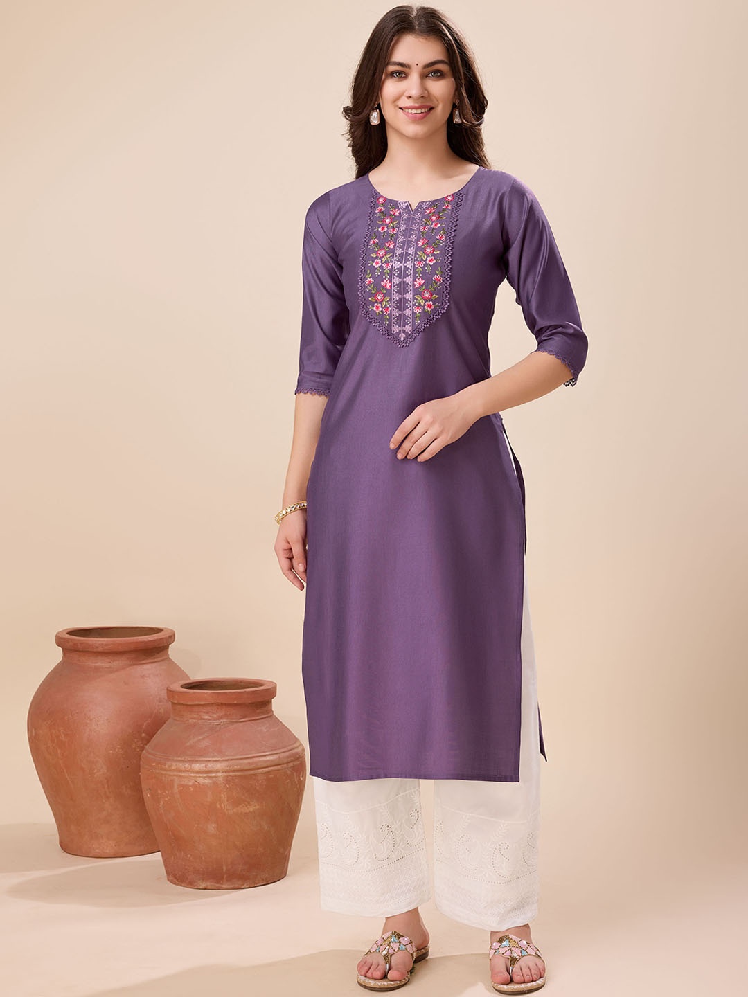 MOJILAA Floral Yoke Design Sequinned Straight Kurta, Mauve