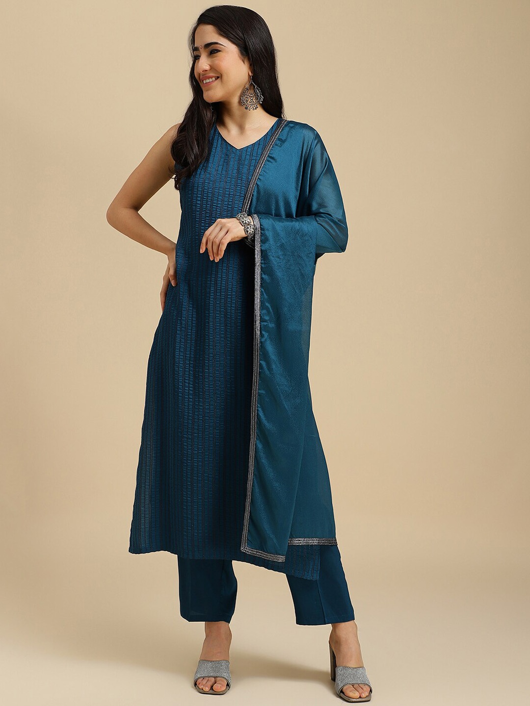 

HERE&NOW V-Neck Regular Straight Kurta with Trousers & Dupatta, Teal